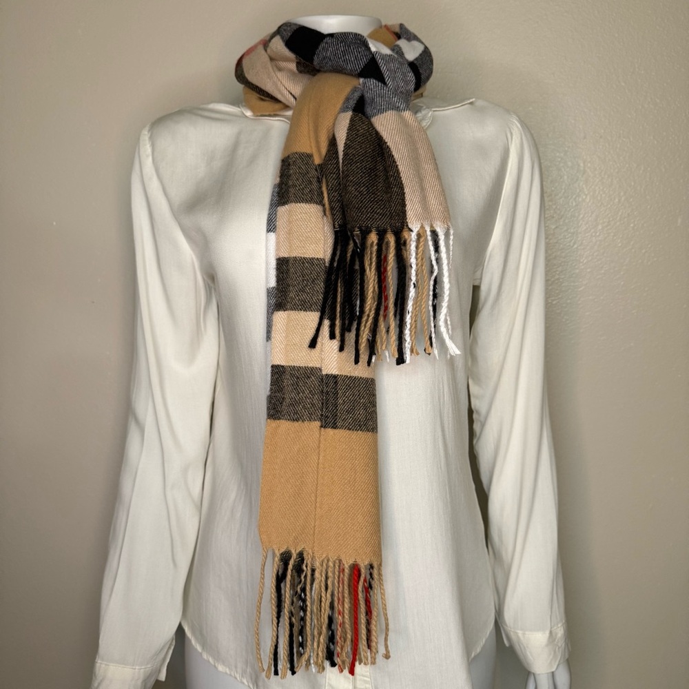Brown black plaid pattern multi purpose virgin wool scarf